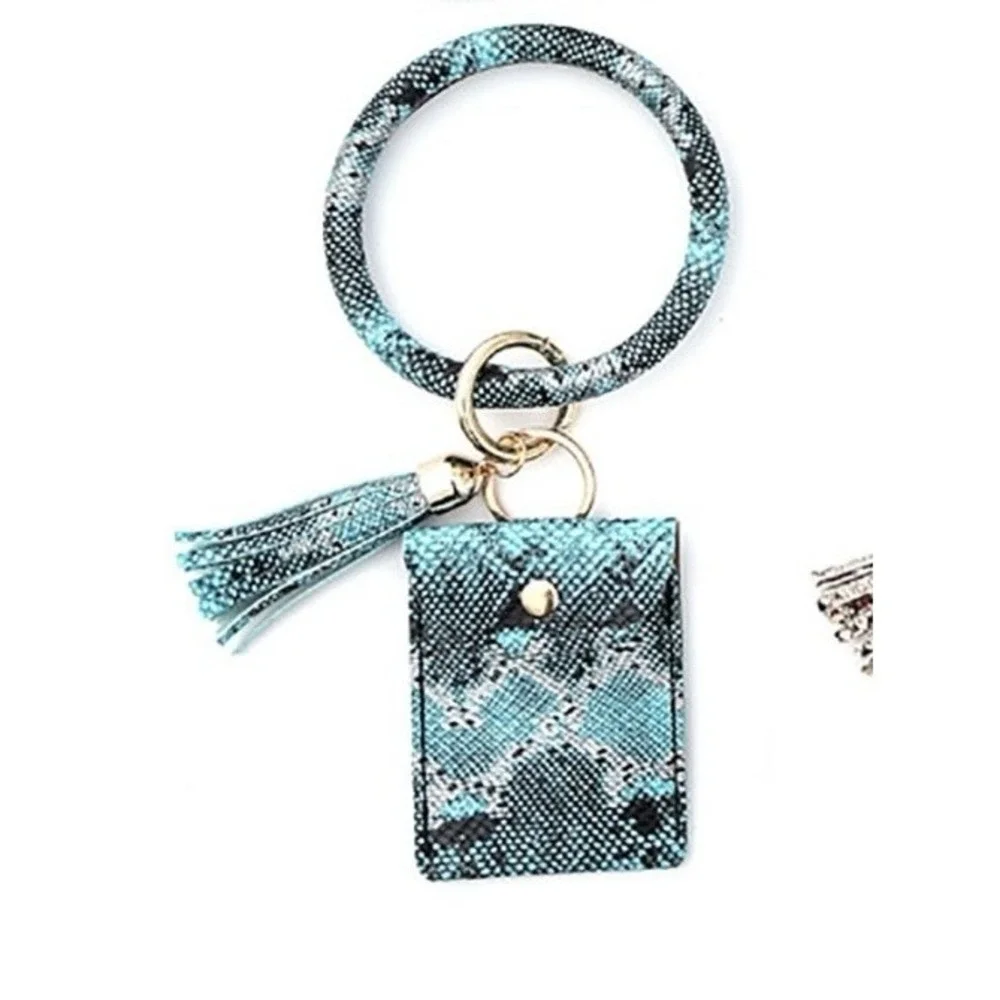 Womens Snake Print Faux Leather Keychain Bracelet Card Holder Wallet Bangle Blue